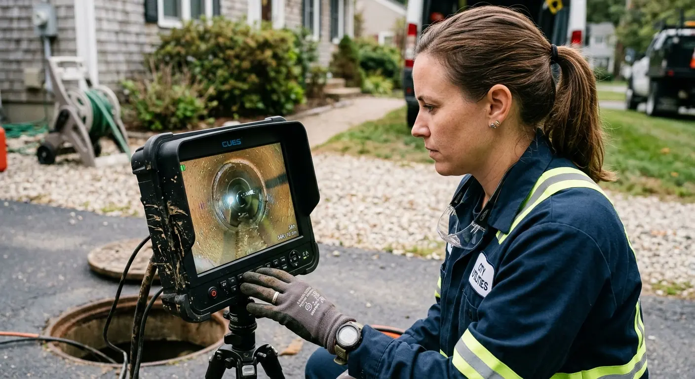 Technician reviewing sewer camera inspection footage in Ossining