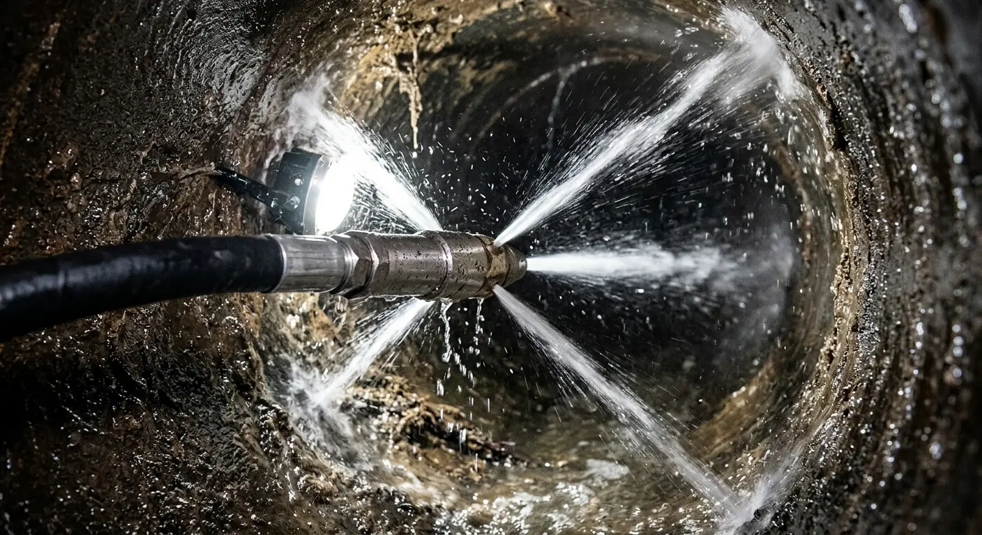 High-pressure hydro jetting nozzle cleaning sewer pipe for Emergency Drain Service in Ossining