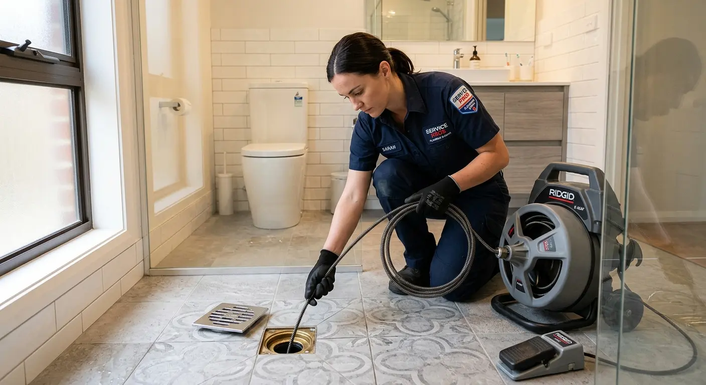 Technician clearing a bathroom floor drain for Hydro Jetting in Ossining
